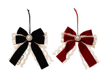 Christmas bow decoration in velvet & lace with pearl