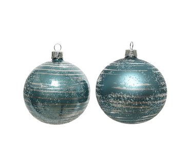 Glass bauble, shiny or matt, pale blue with silver brush stripes 2 styles/colours