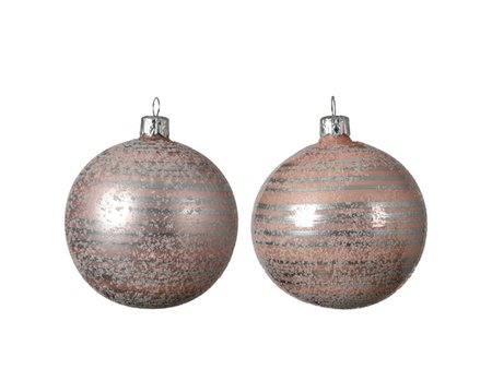 Glass bauble, shiny or matt pink with silver brush stripes 2 styles/colours