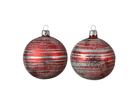 Glass bauble, shiny or matt Red with silver brush stripes 2 styles/colours