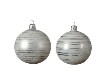 Glass bauble, shiny or matt white with silver brush stripes 2 styles/colours