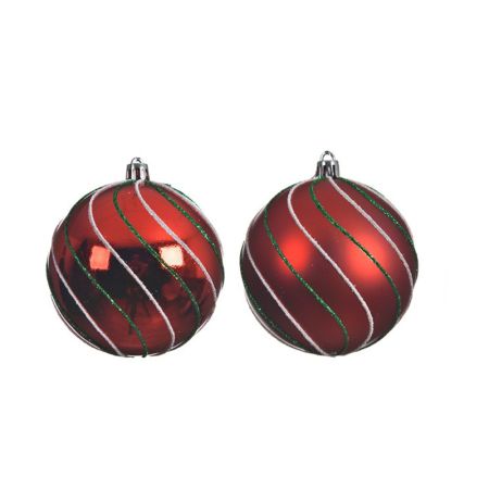 Red bauble with white - green glitter lines shiny & matt