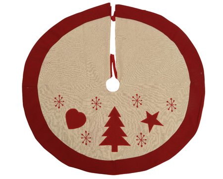 Tree skirt in natural-style jute fabric with red patchwork motif