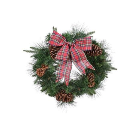 Wreath, long pine needles & tartan bow 50cm diameter